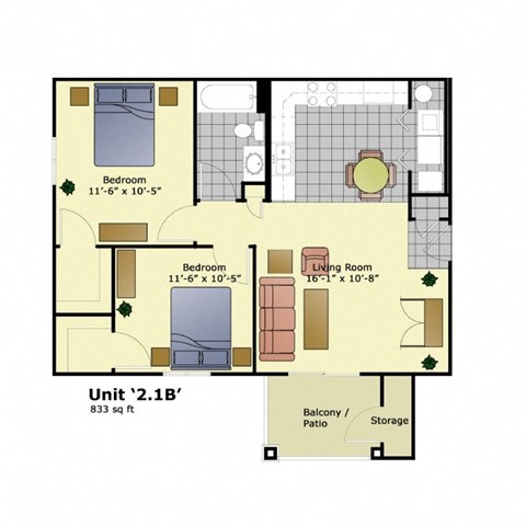 Floor plan for 2 beds, 1 bath, 833 sqft